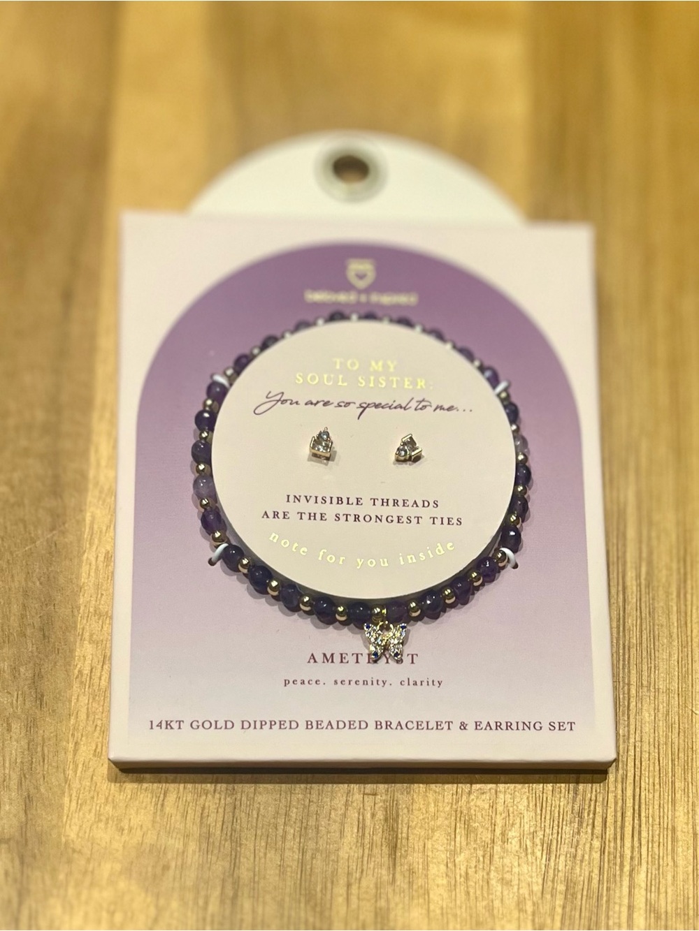 14KT Gold Dipped Amethyst Beaded Bracelet & Earring Set - "To My Soul Sister"
